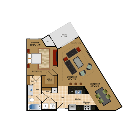 Floor plan for 1 bed, 1 bath, 801 sqft